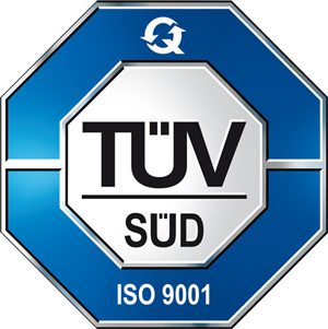 Blaues TÜV SÜD Logo mit ISO 9001 Hinweis und Recycling-Symbol oben.
