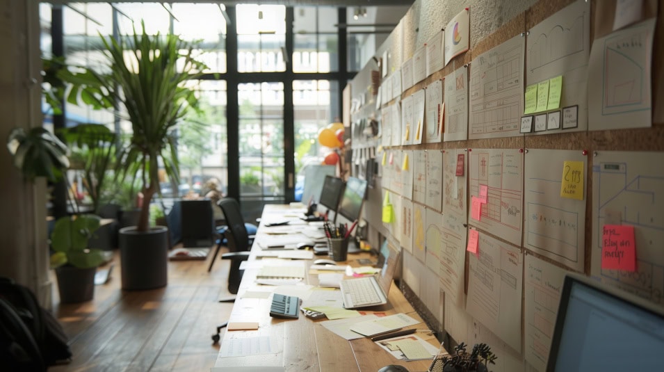 Start-up Büro mit großer Fensterfront, Pflanzen, Schreibtischen und bunten Notizen an der Wand