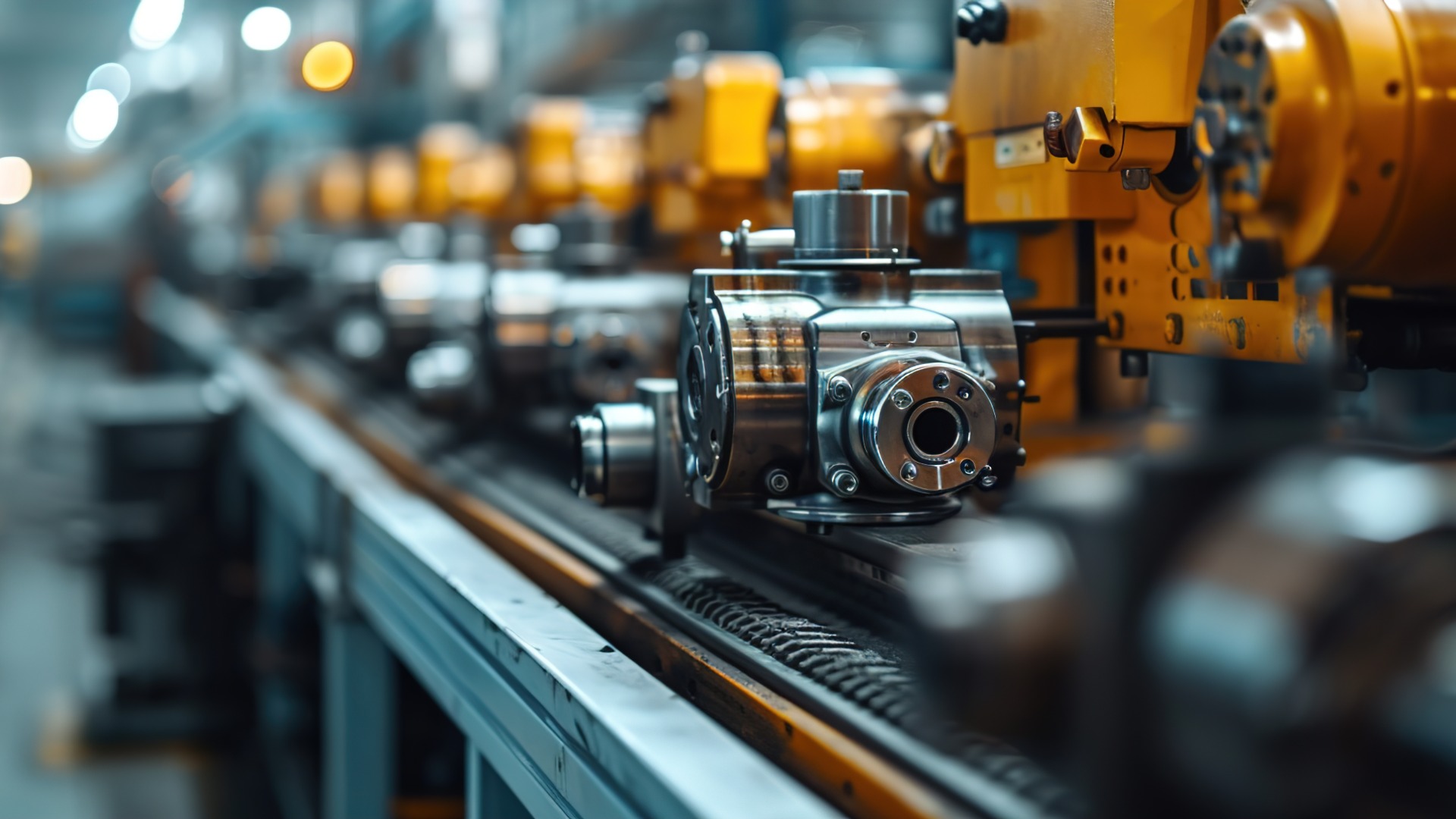 Schwermaschinen in der Fertigung, industrielle Automatisierung und Maschinenbedienung in einer großen Produktionsumgebung im Schein des Nachmittags